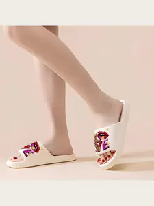 Women's Fashion Slippers with Love Letter Print and Lip Pattern Non-slip Soft Sole Indoor Outdoor Home Shoes for Ladies Comfortable Casual Daily Wear Leopard Print Red Purple Pink Heart Design