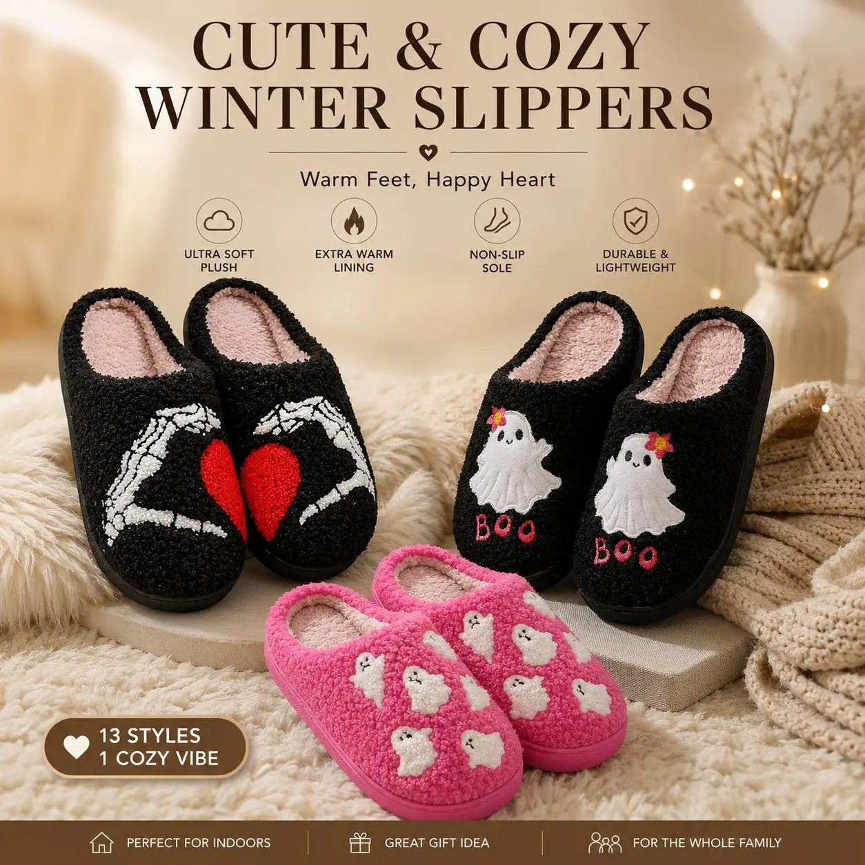 Women’s Cute Ghost & Pumpkin Cartoon Plush Slip-On Slippers - Warm, Non-Slip Indoor Winter Shoe for Home Bedroom, Ideal for Moms & Friends
