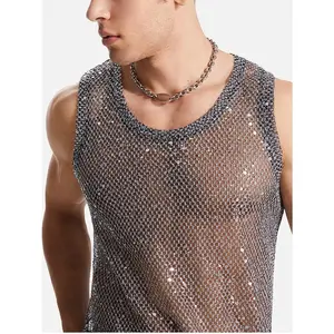 Men's Sequin Mesh Tank Top - Sleeveless V-Neck Sheer Vest for Nightclub & Party Wear,Glittery Eyelet Design,Lightweight Polyester Fabric,Summer Fashion Statement