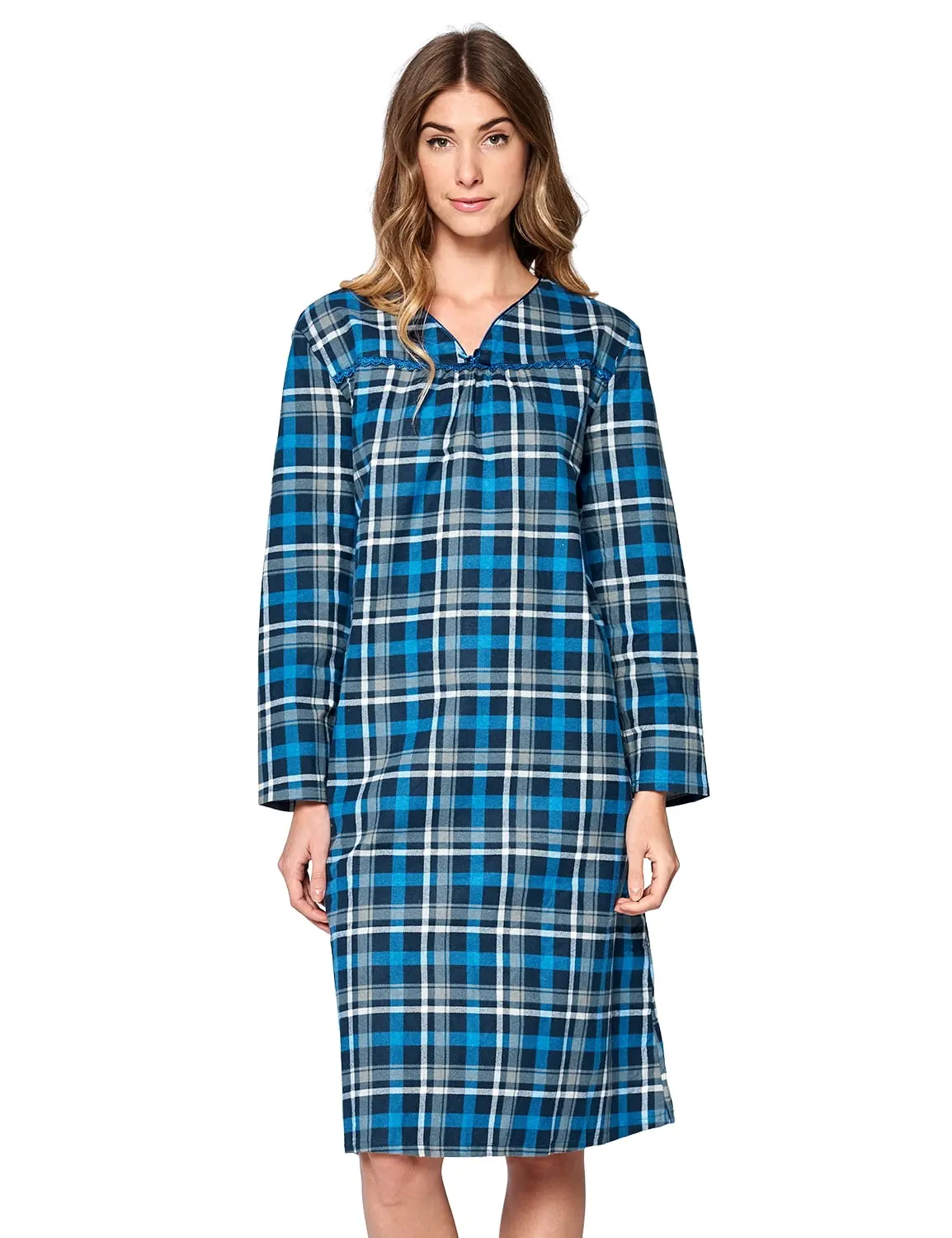Casual Nights Women's Nightgown, Soft Cotton Flannel Plaid Duster with Feminine Lace Trim and Long Sleeves, Lightweight Nightwear, 3X, Long Sleeve, Loungewear, Duster Nightie, Loose-Fitting