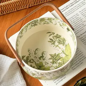 Happy Lily of the Valley 6-inch Ceramic Fruit Basket with Wood Handle