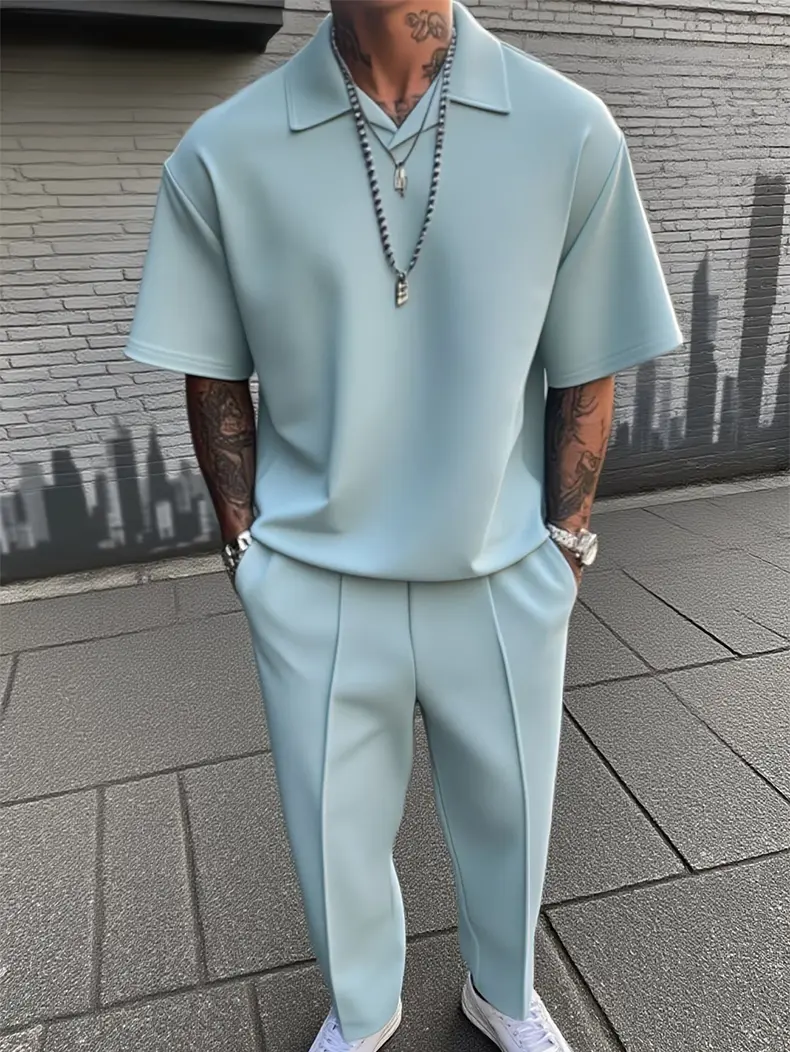 Men's Casual Basic 2-Piece Clothes Set - Plain Short Sleeve Polo Shirt, Drawstring Pants, Relaxed Fit Summer Menswear Outfit