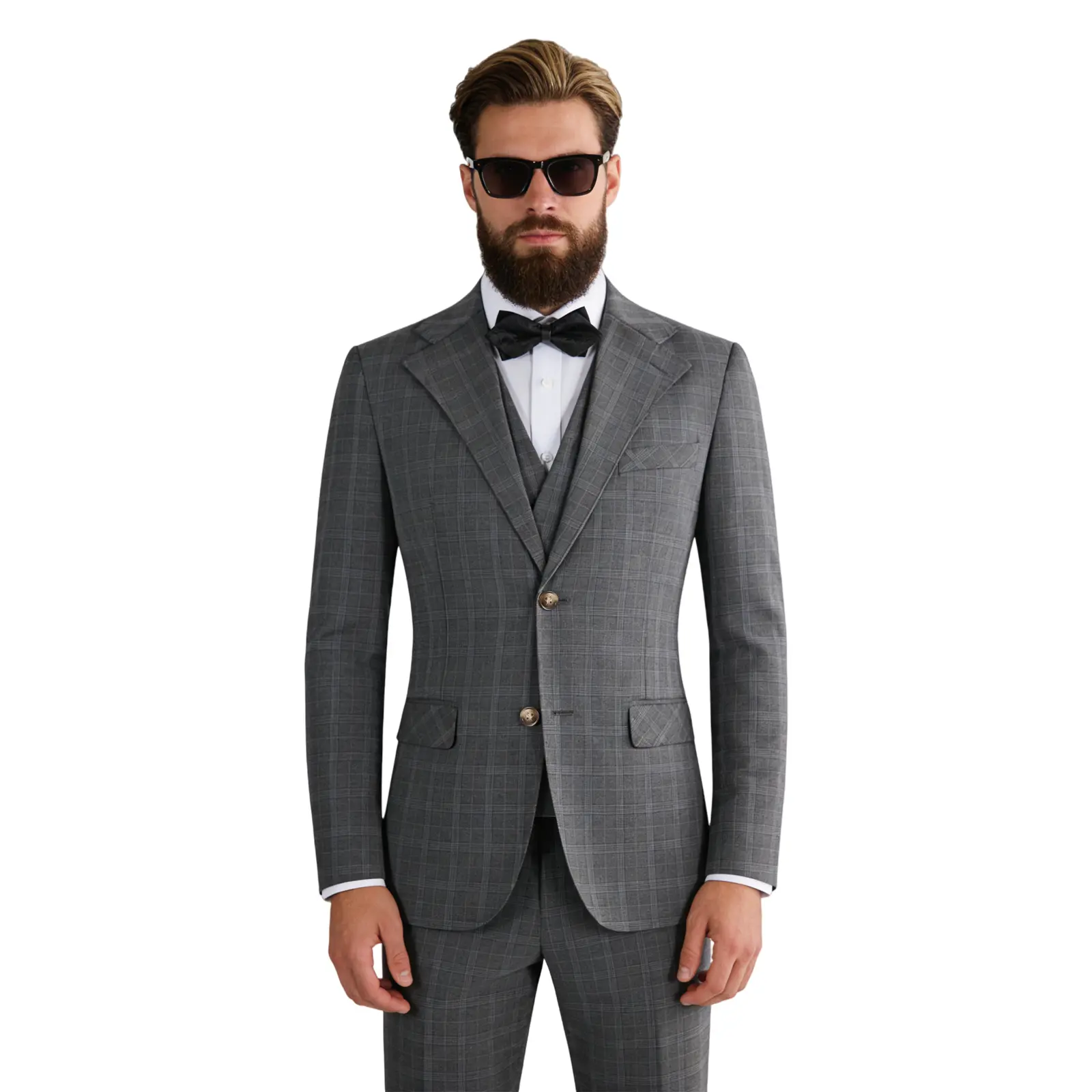 Men's 3-Piece Slim Fit Grey Plaid Suit Set - Formal Blazer with Pockets, Vest, Pants + Free Bow Tie for Groom Wedding, Office Business, Classic, Stylish, Dry Clean, Breathable, Do Not Bleach, Double Breasted, Soft, Elegant