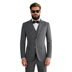 Men's 3 Piece Suit Set, Grey Plaid Formal Business Blazer, Vest & Pants with Free Bow Tie, Slim Fit Wedding Groom Tuxedo for Prom, Party, Business, Office