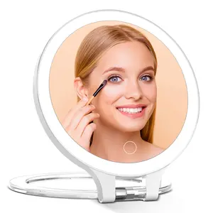 Rechargeable Magnifying Makeup Mirror 10X/1X Double Sided Lighted Travel Makeup Mirror with 3 Color Light Adjustable Rotation, LED Vanity Tabletop Portable Desk Cosmetic Foldable Mirror
