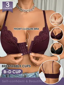 Morelect 3-Pack Front Buckle Lace Push-Up Bras, B-D Cup, Easy On-Off, Breathable, Medium Support, Ditsy Floral, All Seasons
