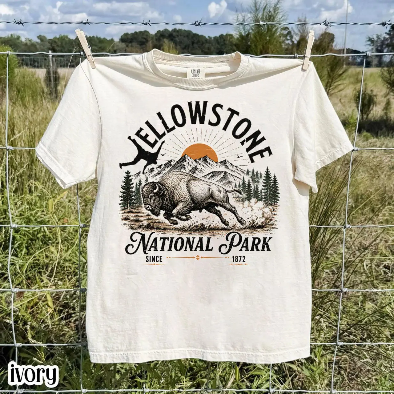 Yellowstone National Park Bison Buffalo Mountain Hiking Comfort Color Tee Pure Cotton Fabric Casual Soft-Washed T-Shirt Trendy Tops for Women for Men