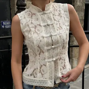 2026 Summer New Arrival: Elegant Commuter-Style Women's Shirt — Slim-Fit, Sleeveless, with Lace Crochet and Stand Collar