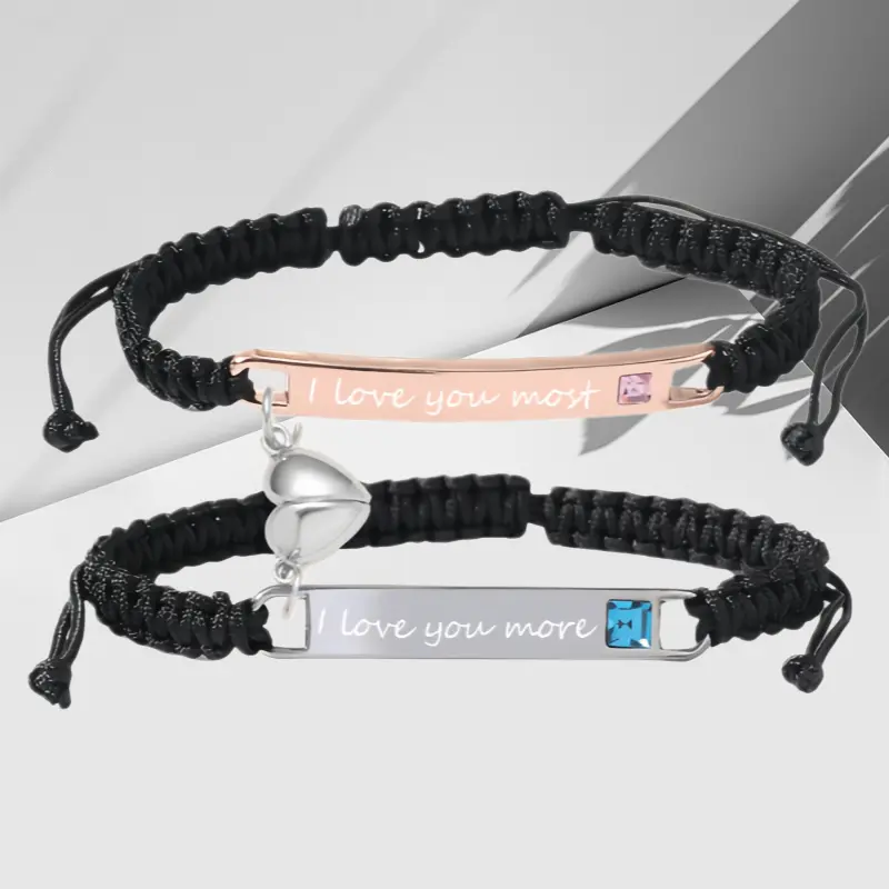 Matching Bracelets for His and Her-Stainless Steel Engraved Handmade Braided Rope Bracelet Birthday Anniversary Christmas Gift for Sister Brother BFF Friend Men Women Couple