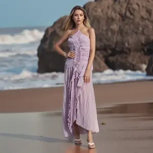 TikTokShop Black Friday Women’s Sexy Ruffle Halter Dress – Sleeveless, Solid Color, Long Flowy A-Line Summer Dress for Weddings and Parties