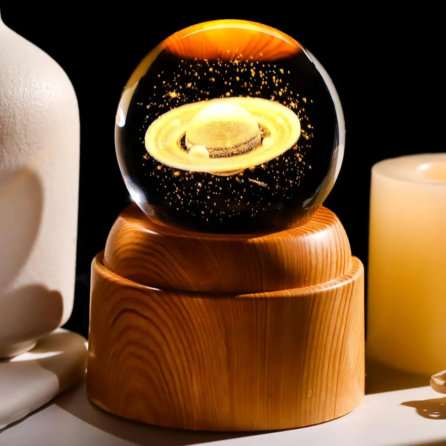 2.36in Laser Etched 3D Saturn Glass Sphere Night Light, Outer Space Planet Lamp with Silver LED Base, Gift Boxed Home Decor Statue for Adults & Science Enthusiasts