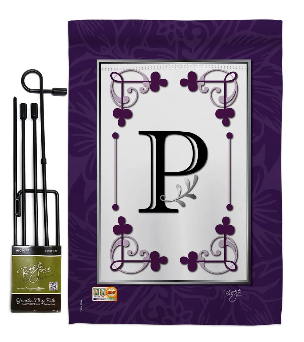 Breeze Decor BD-SB-GS-130016-IP-BO-D-US09-BD 13 x 18.5 in. Classic P Initial Interests Simply Beauty Impressions Decorative Vertical Double Sided Garden Flag Set with Banner Pole
