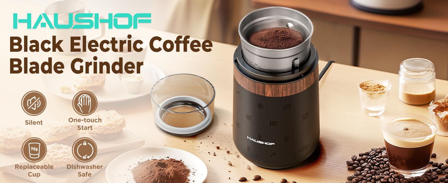 HAUSHOF Coffee Grinder Electric, One Touch Design, Spice, Herb, Grinder for Coffee Bean Spices and Seeds with 1 Removable Stainless Steel Bowl, Dry Grinder-Black