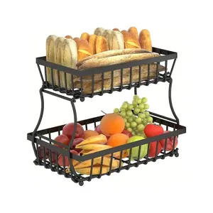 1pc 2 Layers Fruit Basket For Kitchen Countertop, Vegetable Bread Basket, Fruit Tray Storage Rack, Removable Metal Rectangular Wire Basket, Kitchen Supplies
