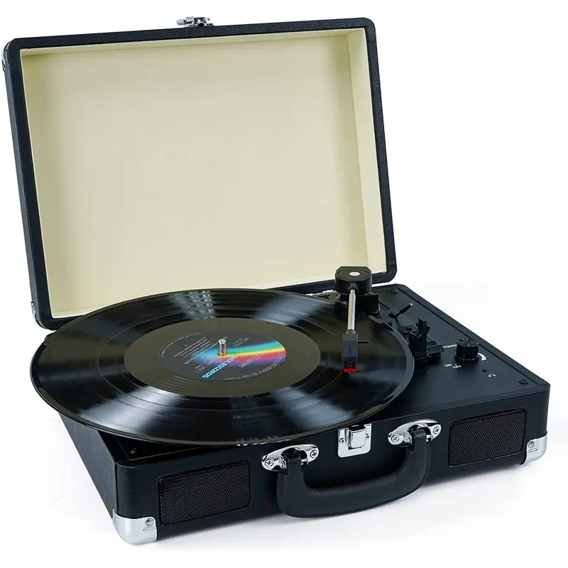Portable Suitcase 3-Speed Vinyl Record Player Belt-Driven Turntable with Built-in Speakers, RCA Output, 3.5mm Aux Input, Headphone Jack, 45 Adapter; Vintage Classic Design, Auto-Stop, Easy Carry Handle, Compact; Ideal Christmas New Year Gift