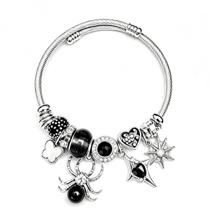 Silver Twisted Cable Open Bangle Bracelet, Black Crystal Spider & Gothic Heart Star Charms Beaded Bracelet, Punk Fashion Jewelry Gift for Women