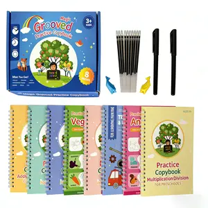 8 PCS Kids Reusable Groove Tracing Copybook Set - Preschool Learning Materials, Early Learning Picture Books with Magic Disappearing Pen, Covering Alphabet, Number, Math, Animal, Vegetable, Vehicle Themes for Toddlers