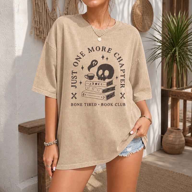 Bone Tired Book Club Graphic Tee for Women, Washed Cotton Oversized Reader Shirt S-5XL