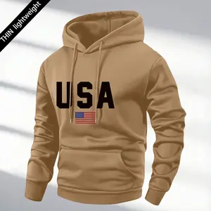 Men's stylish casual khaki hooded sweatshirt, featuring American-style letter print and a kangaroo pocket design. Made from lightweight polyester fabric, this hooded sweatshirt is suitable for spring and autumn wear.