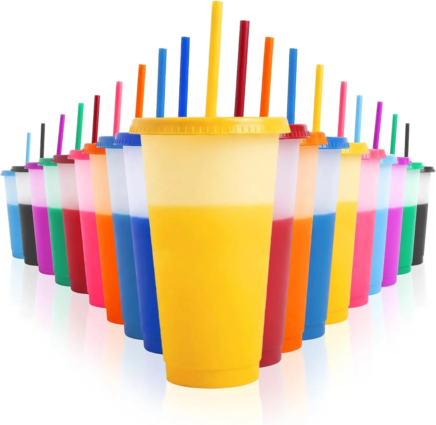SummerVibes 10-Count 24 oz Plastic Color Changing Iced Tumblers - Reusable Lightweight Drinkware with Lids & Straws, Custom Print DIY Gift, Portable Washable Beverage Kitchenware for Adults, Back to School Drinking Glassware
