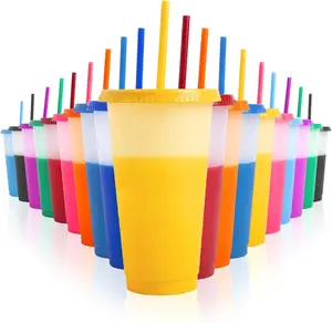 [SummerVibes]Plastic Cute Cold Cups with Lids and Straws Bulk for Iced Coffee - 10 Pack 24 oz Color Changing Reusable for Adults Kid Women Party Drinkware Bottle Colorful Tumbler  Beverage Bottled Portable Washable  Birthday