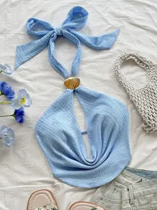 Women's Fresh Style Ruffled Halter Top, Shell Metal Buckle Accent Tie Design, Soft Breathable Fabric, Casual Fashion