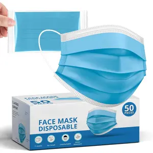 Disposable Face Masks/ 3Ply Safety Face Masks- 50PCS - 3 Layers Blue Protective Face Mask For Daily Use, Breathable Facemasks, Anti-Dust Disposable Mask with Earloop for Personal Care