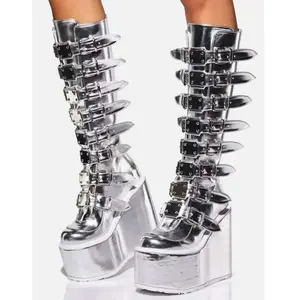 Women's Silver Round Toe Wedge Platform Belt Buckle Motorcycle Stage Party Boots