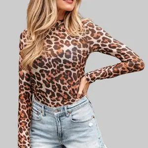 Dear-Lover Women's S-4X Plus Size Brown Leopard Print Collared Mock Neck Longsleeves Slim-Fit Semi-Sheer Mesh Western Blouse Shirt, Fashionable Style Casual Top for Jeans Pairing