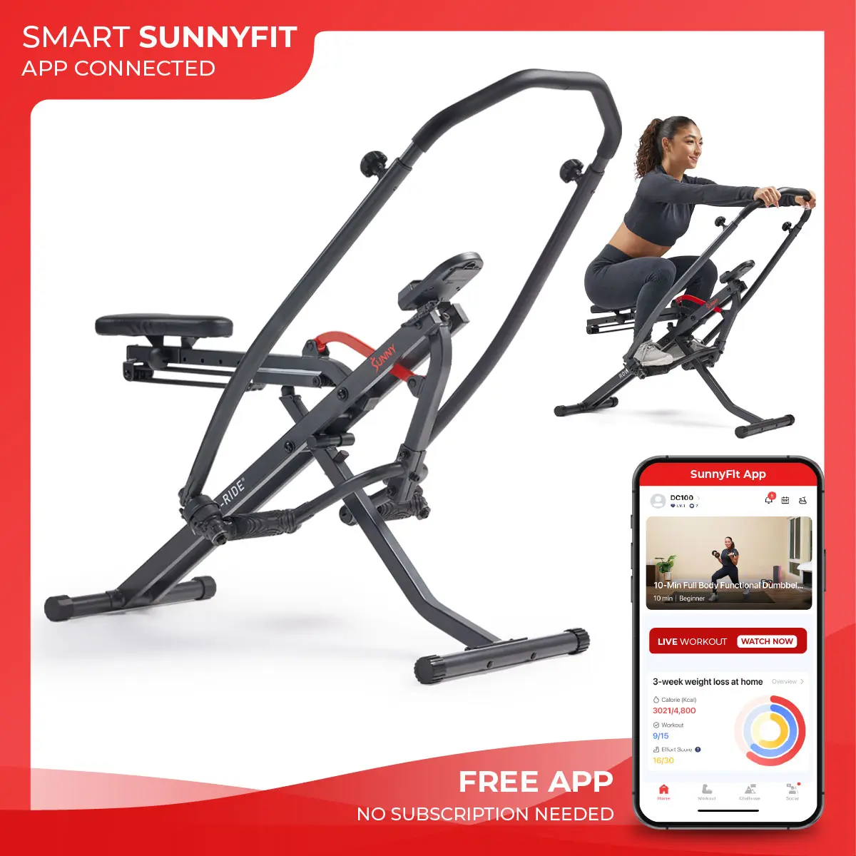 SUNNY Smart Foldable Row-N-Ride Machine Home Gym Workout Fitness Adjustable Resistance Rowing and Squat Trainer Low Impact Full Body Exercise Compact Space Saving Equipment Glute Leg Core Training for Women and Men Indoor Home Exercise 220 lbs Capacity