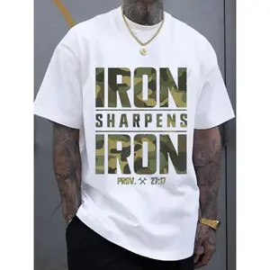 CMBT Men'S Oversized 100% Cotton Graphic T-Shirt - "IRON SHARPENS IRON" & Proverbs 27:17 Bible Verse Design, Geometric Print Casual Streetwear Tee, Breathable Summer Top, Machine Washable, Summer Fashion |   Camouflage Pattern |   Durable Fabric