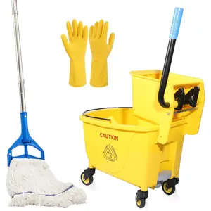 35QT Side-Press Mop Bucket and Wringer Combo  Wheels, Yellow,Including  Heavy Duty Industrial Mop and  Set Large Rubber Cleaning Gloves