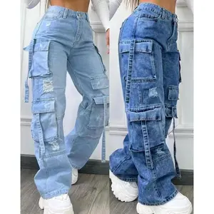 Women 2025 new fashionable solid color versatile Large size high waist multi-pocket casual pants denim