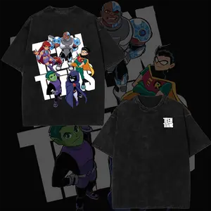 Teen Titans Superhero Comic Double Printed Oversize Lightweight Acid Washed Tee, TV Show Graphic Tee, Gift T-Shirt For Comic Lover