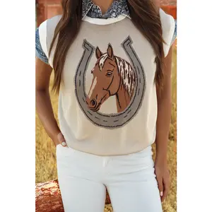 Western Horse Shoe Color Block Trim Sleeveless Sweater Womenswear Knitwear Tops Round Neck