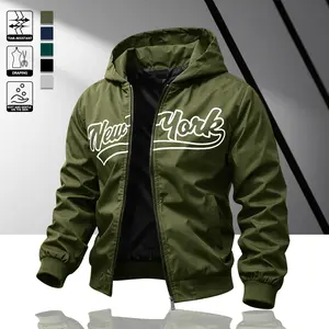 Men's “New York” Letter Print Hooded Zipper Jacket Lightweight Windproof Outerwear Casual Streetwear Baseball-Style Top Comfortable Spring/Summer Versatile Jacketdaptation, trendy personalized style Coats Menswear Stylish Pocket Day Fabric jackets zip up