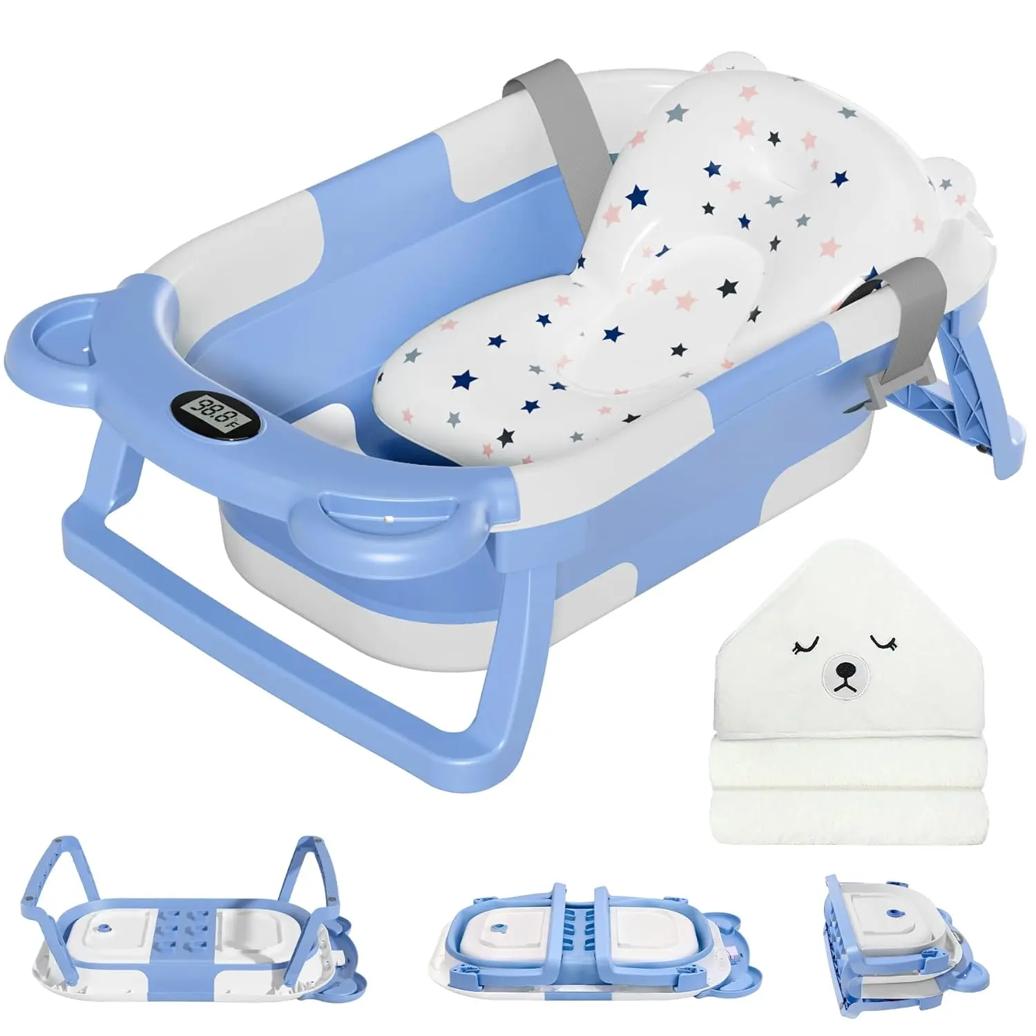 Collapsible Baby Bathtub Set Pack for 0-2 Years Newborns-Toddlers, Portable Travel Tub with Thermometer, Includes 1 Hooded Towel, 1 Soft Floating Cushion, Drain Hole, Durable Construction, Baby Bath Seats for Easy Bath Time, Foldable