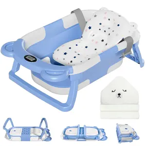 Collapsible Baby Bathtub  Newborn with Thermometer & 1 Hooded Towel & 1 Soft Floating Cushion,Portable Travel Bathtub with Drain Hole, Durable Foldable Baby Tubs  Infants to Toddler
