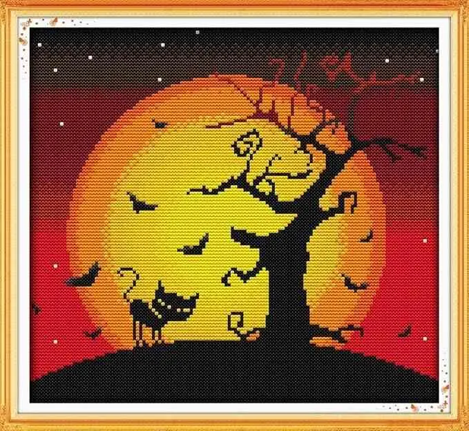 Unisex Halloween Night Scene Cross-Stitch Kit - Adults' DIY Needlework Fabric & Needle Set for Toys & Hobbies