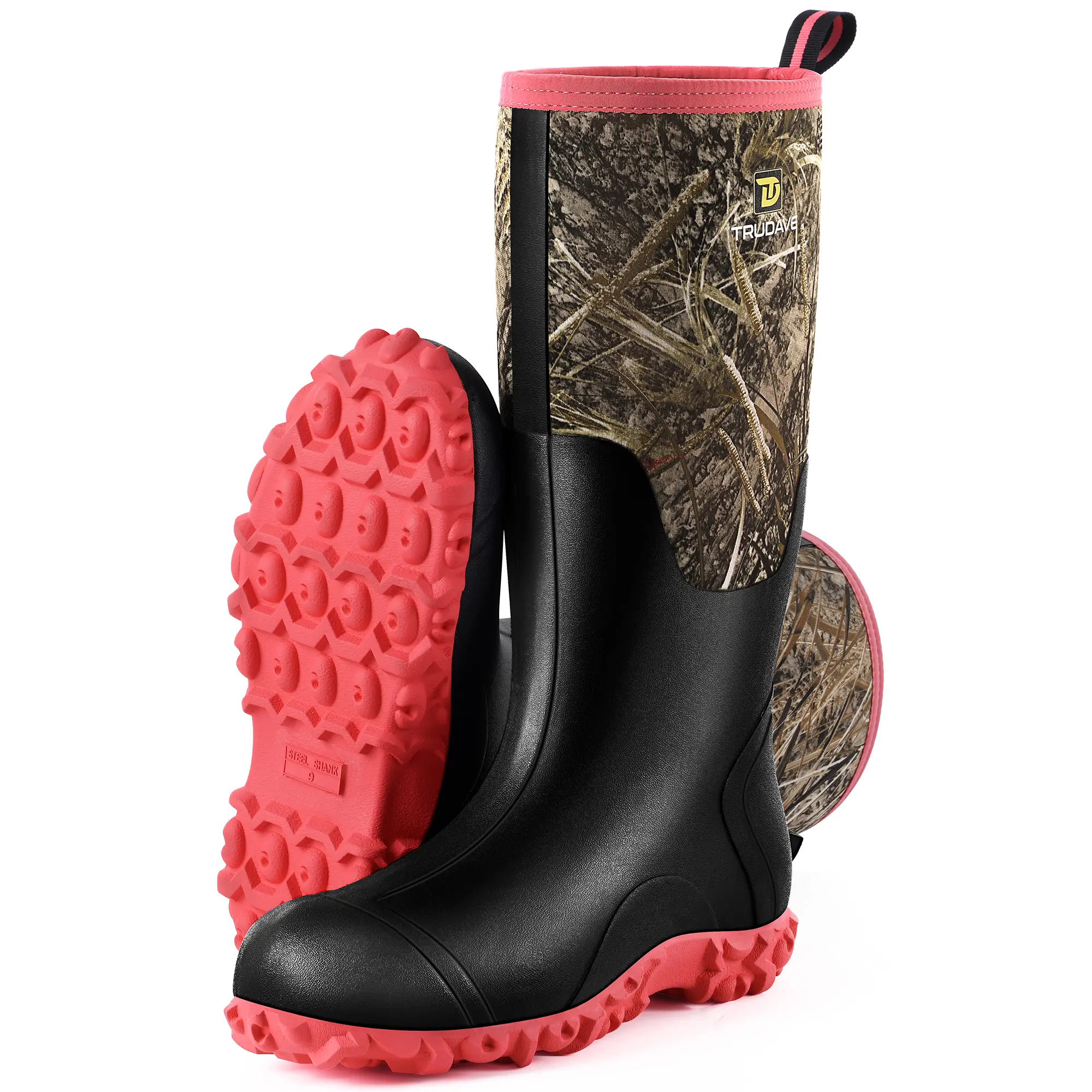 Trudave Women's Waterproof Rubber Rain Boots, Insulated Neoprene Mud Boots with Steel Shank, Anti-Slip Work Boots for Gardening, Farming & Hunting