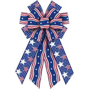 Large Patriotic Bows for Wreath, Patriotic Wreath Bows 4th of July Burlap Stripe Bows for Front Door, Red Blue White Patriotic Star Tree Topper Bow for Memorial Day Indoor Outdoor Decoration