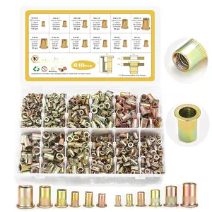 Rivet Nut Kit, 810 count SAE & Metric Rivet Nut Assortment Kit Galvanized Carbon Steel Flat  Threaded Insert Nuts, Sizes 6-32 8-32 10-24 1/4"-20 5/16"-18 3/8"-16 M3 M4 M5 M6 M8 M10