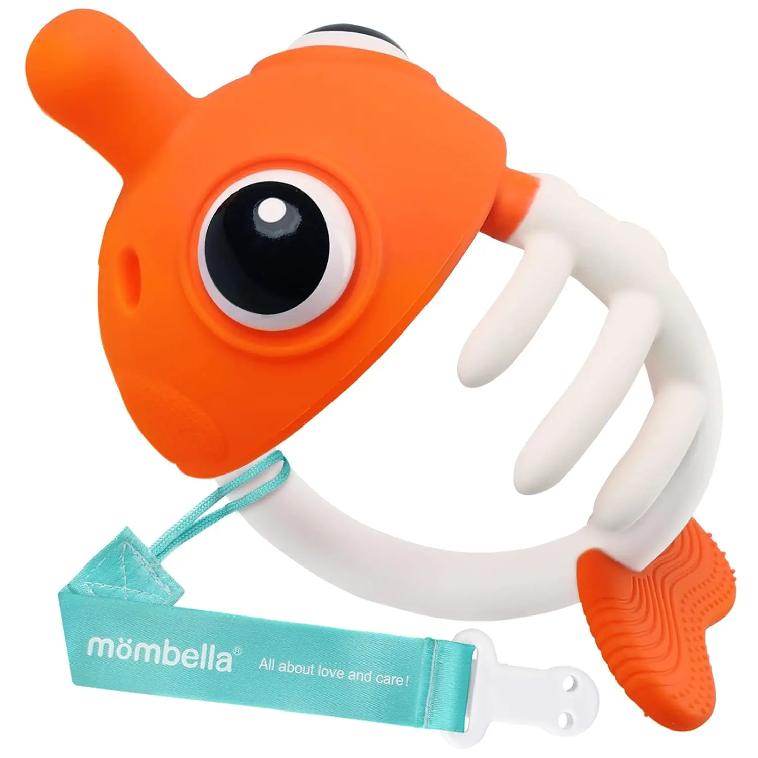 Mombella Baby Teether Toys with Anti Drop Clip Clownfish Teether for Babies 6-12 Months Soft Silicone Baby Chew Toys 3 to 6 Months Infant Teething Relief Toy Orange