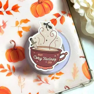 Cozy Fantasy Era Coffee Cup MagSafe Phone Grip, Magnetic Pop Socket Kickstand, Bookish Spooky Phone Holder