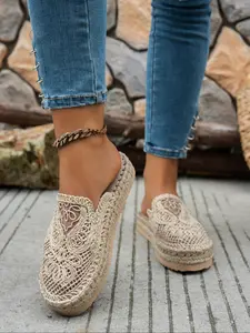 Woven Lace Design Breathable Women's Slippers, Chunky Thick Rubber Sole Beach Sandals, Bohemian Style Perfect for Summer & Outdoor Activities, Footwear