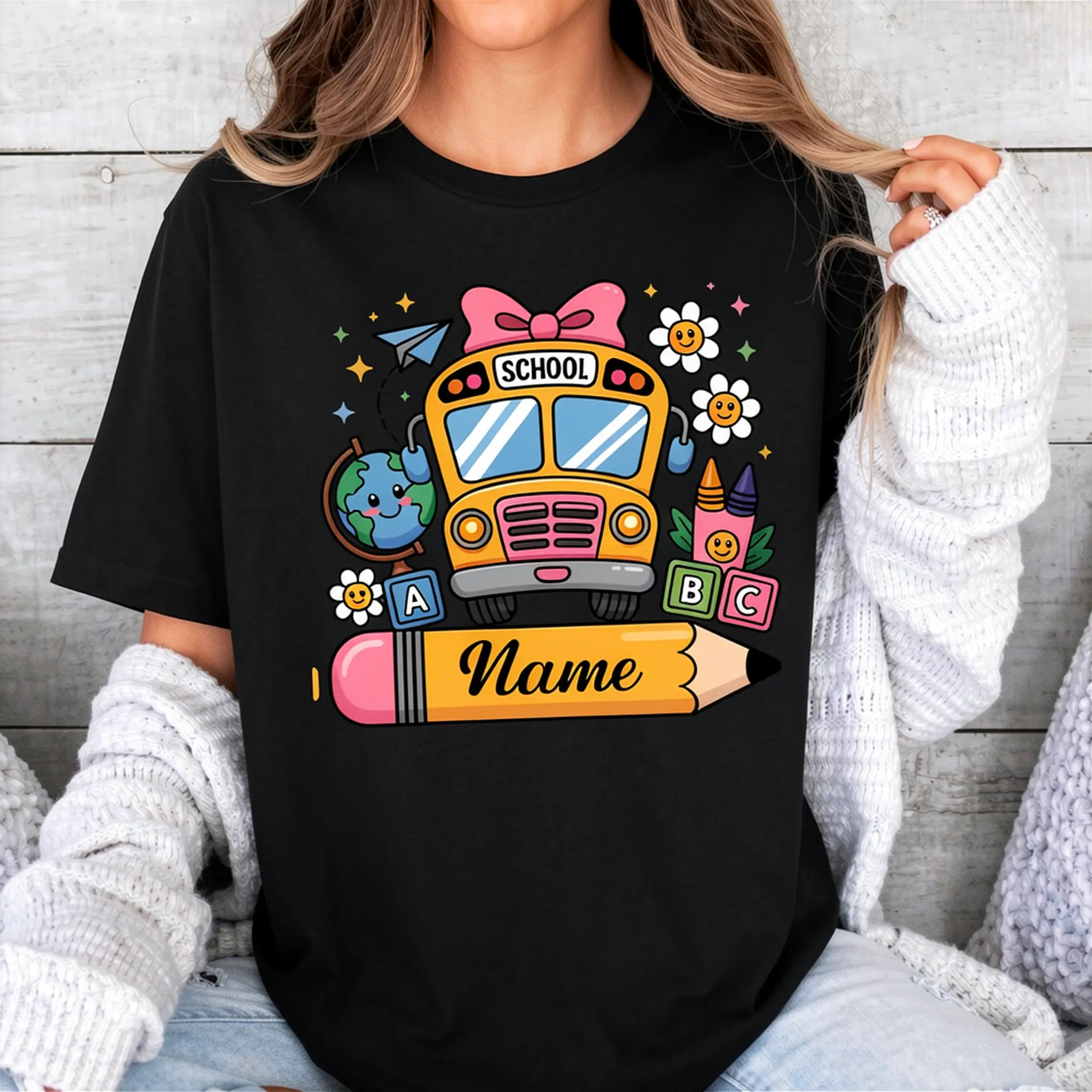 Women's Cotton Ribbed Short-Sleeve Graphic T-Shirt - School Bus, Bow, Crayons Print, Breathable, Comfortable Fit Casual Top (White)