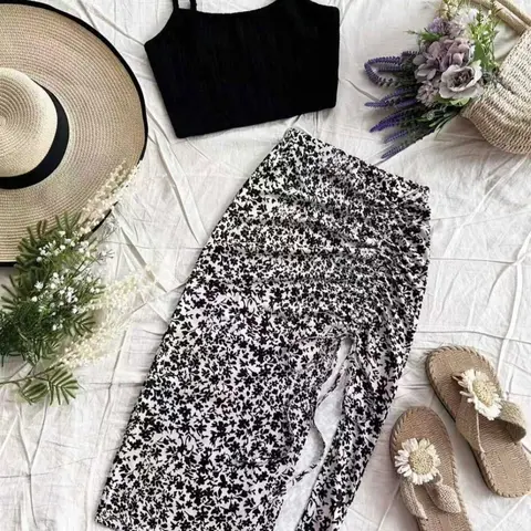 【Black Friday】Women's 2-Piece Summer Matching Set, Adjustable-Strap Cami Top and Ditsy Floral-Print Ruched Drawstring Skirt, Casual Beach Outfit, Co-Ord Set, Womenswear #GLOBAL PICKS