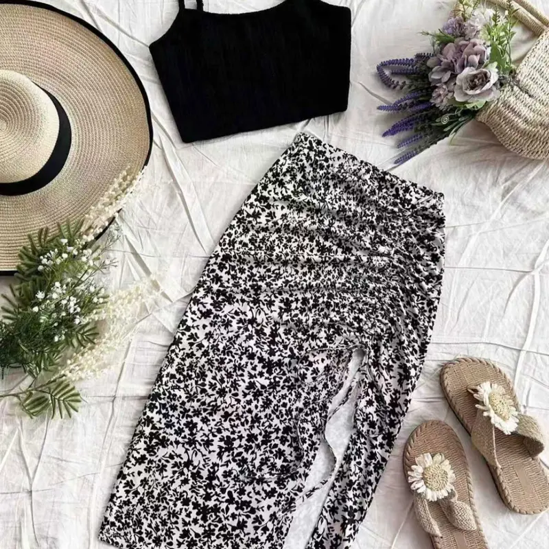 【Black Friday】Women's 2-Piece Summer Matching Set, Adjustable-Strap Cami Top and Ditsy Floral-Print Ruched Drawstring Skirt, Casual Beach Outfit, Co-Ord Set, Womenswear #GLOBAL PICKS