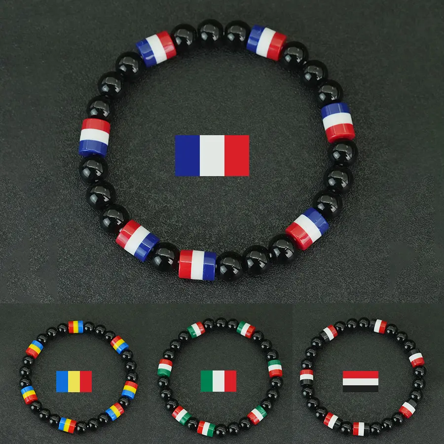 Flag Color Matching Beaded Bracelet Obsidian Bucket Bead Braclet for Men Ethnic Style Punk Elastic Braslet Wristband Jewelry