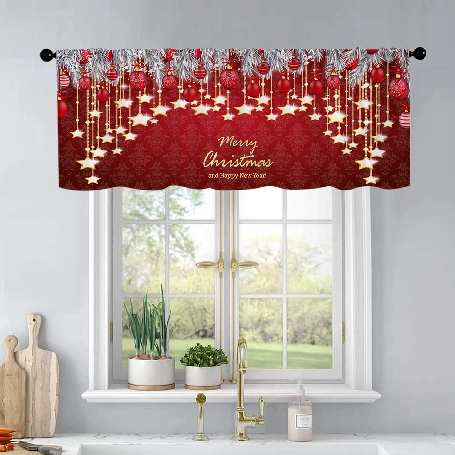 1 Christmas Star Pendant With Red Background Print Kitchen Curtains Valance Living Room Bedroom Bathroom Home Decor 54x18 Inch